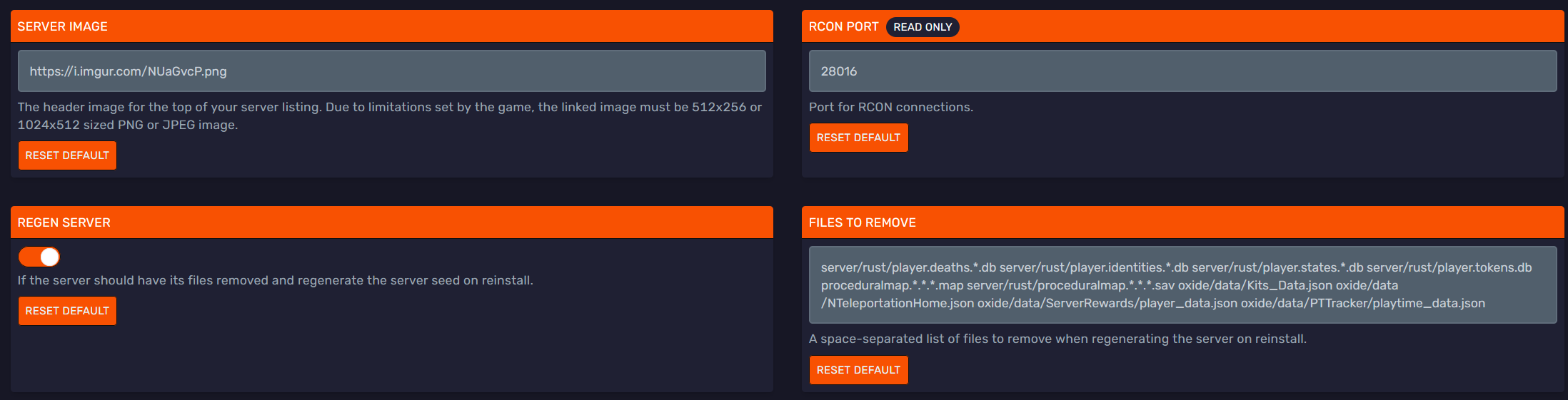 Panel showing size and seed startup variables
